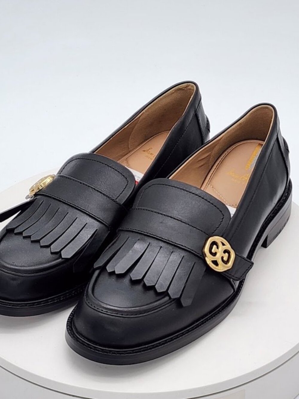 Black Leather Fringe Loafers with Gold Accent - Picture 6 of 9